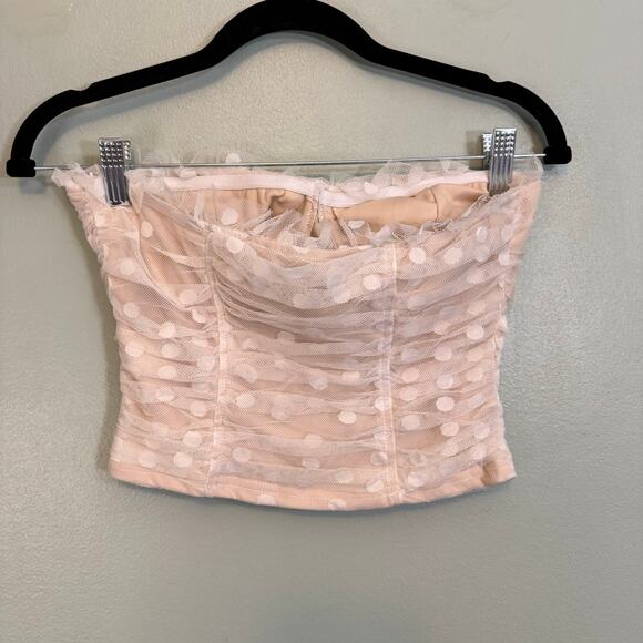 Lulus Bustier Crop Top M Beige In the Spotlight Polka Dot Mesh Ruffle Sweetheart - Picture 2 of 8